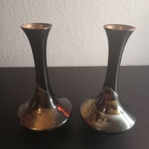 VTG Japanese 5" Brass Bud Vase with Mirror Glaze Set of 2